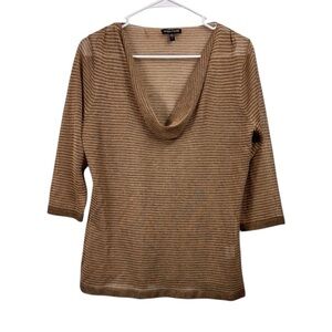 Eileen Fisher Size Small Semi Sheer Cowl Neck Brown Top 3/4 Sleeve Striped